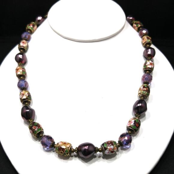 Purple Cloisonne Beaded Necklace, Faux Purple Pearls Czech Faceted Beads, 21 In. - Picture 8 of 8